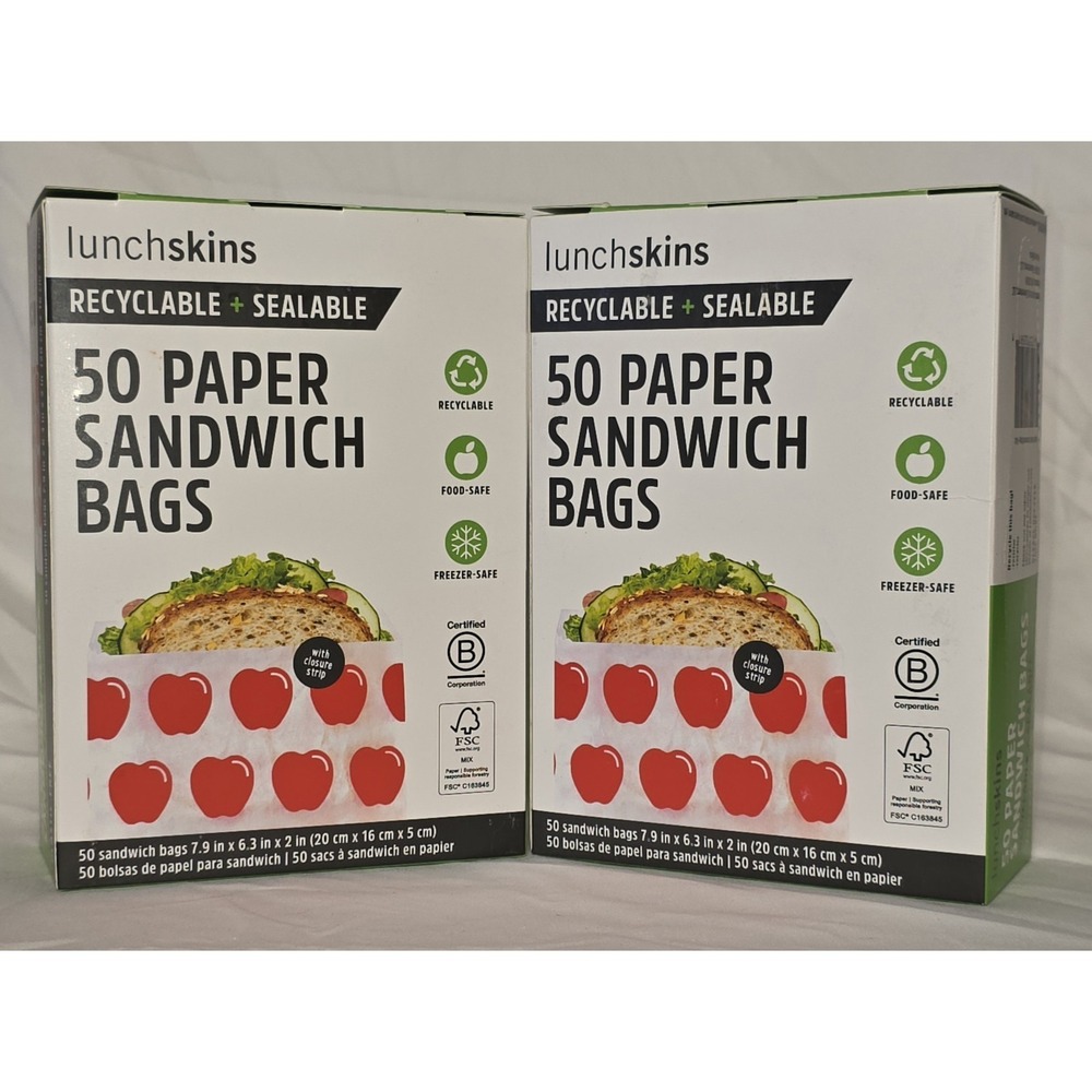100ct Lunchskin Recyclable + Sealable Paper Sandwich Bags Apple Print